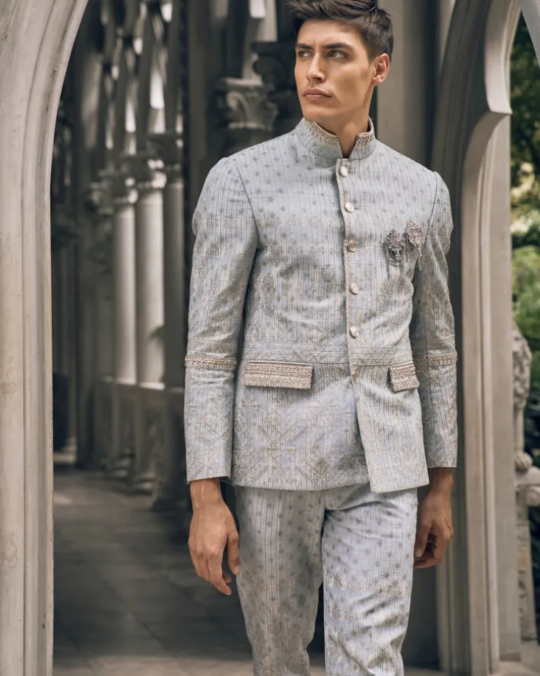 Vintage Blue Textured Printed & Embroidered Bandgala Set
