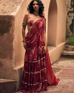 Vintage Floral Printed Chiffon Pre-Draped Sari Set
