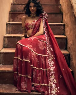 Vintage Floral Printed Chiffon Pre-Draped Sari Set
