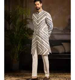 White Chevron Print & Gold Highligted Jacket Paired With White Pants
