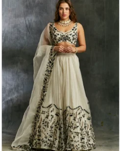 White Organza With Green And Black Thread work Lehenga