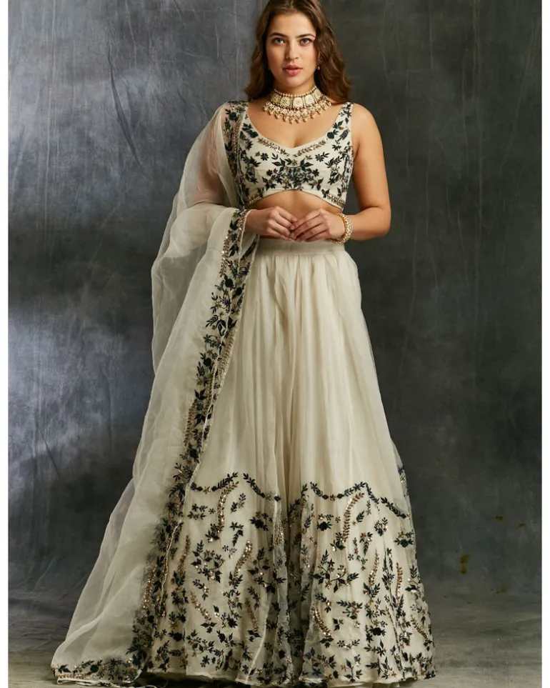 White Organza With Green And Black Thread work Lehenga