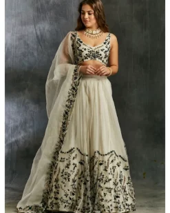 White Organza With Green And Black Thread work Lehenga