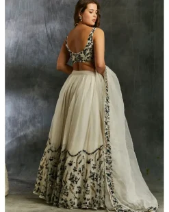 White Organza With Green And Black Thread work Lehenga