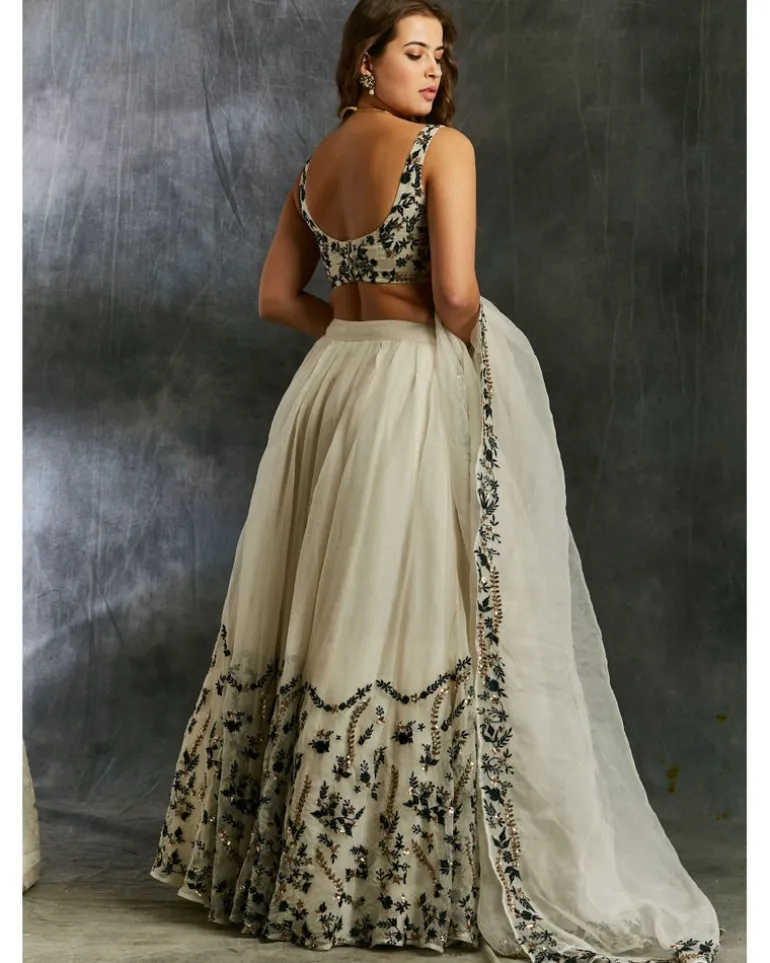 White Organza With Green And Black Thread work Lehenga
