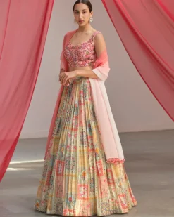 White Pink Printed Lehenga Set