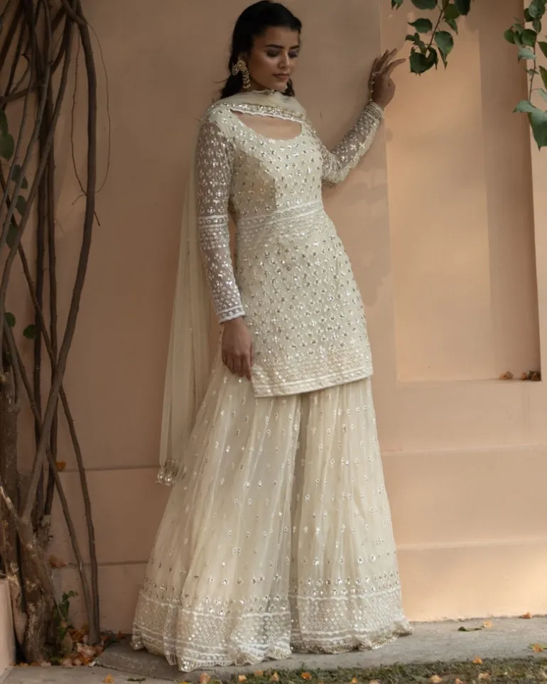 White Thread work Kurti And Sharara Set