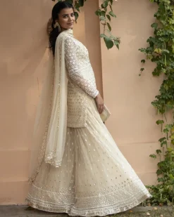 White Thread work Kurti And Sharara Set