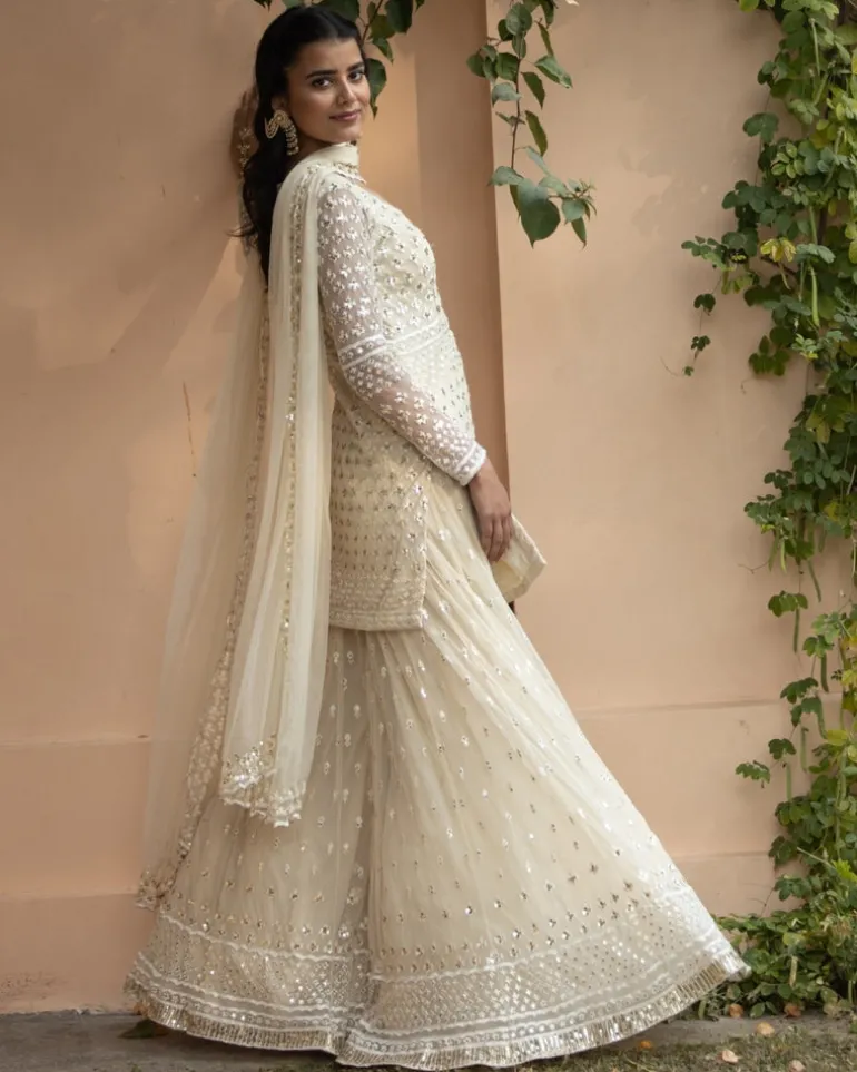White Thread work Kurti And Sharara Set