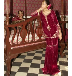 Wine Embroidered Velvet Gharara Set