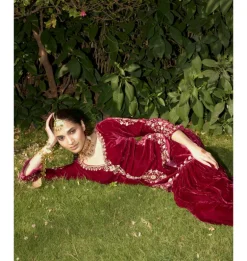 Wine Embroidered Velvet Gharara Set