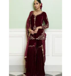 Wine Embroidered Velvet Gharara Set