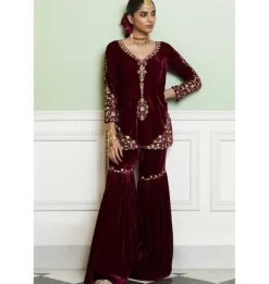 Wine Embroidered Velvet Gharara Set