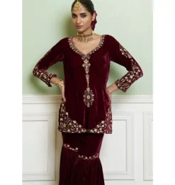 Wine Embroidered Velvet Gharara Set