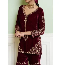 Wine Embroidered Velvet Gharara Set