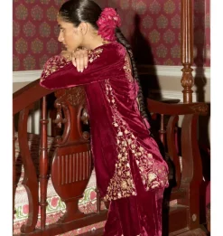 Wine Embroidered Velvet Gharara Set