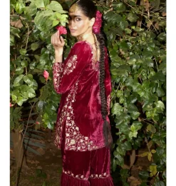 Wine Embroidered Velvet Gharara Set