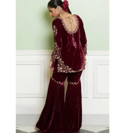 Wine Embroidered Velvet Gharara Set