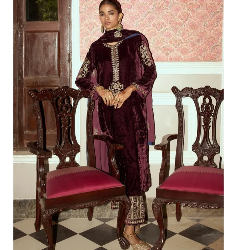 Wine Embroidered Velvet Kurta Set