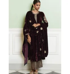 Wine Embroidered Velvet Kurta Set
