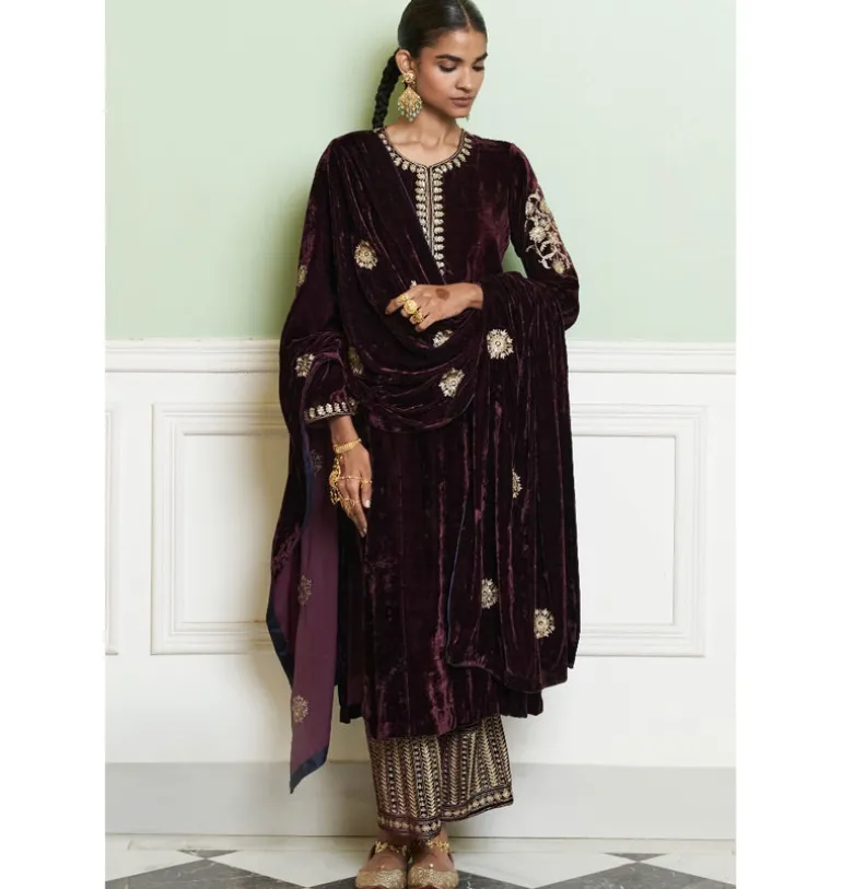 Wine Embroidered Velvet Kurta Set