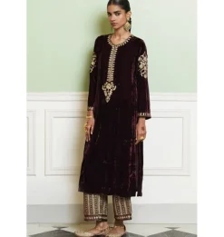 Wine Embroidered Velvet Kurta Set
