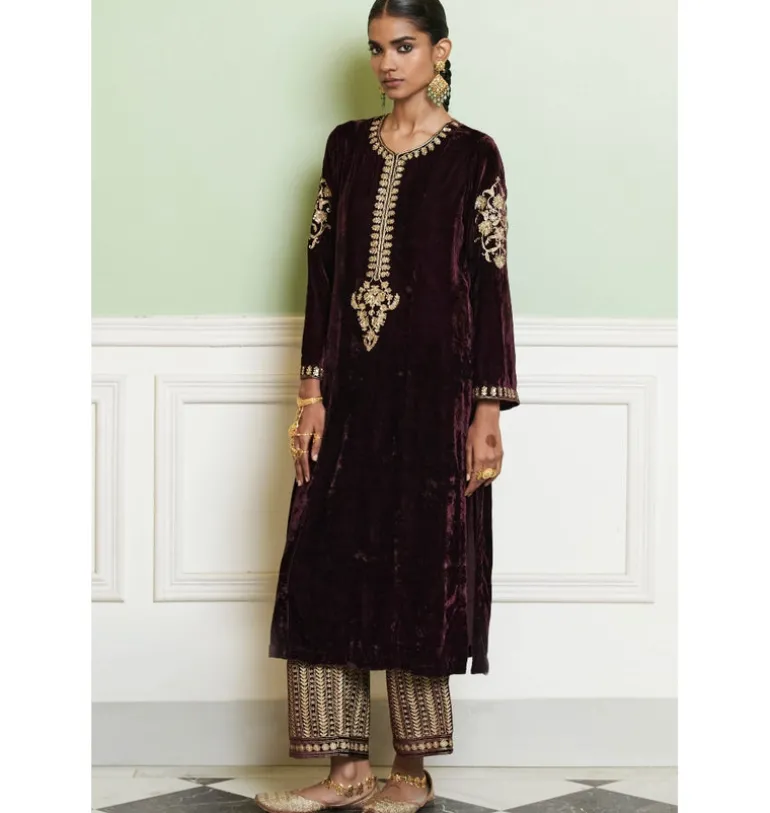 Wine Embroidered Velvet Kurta Set