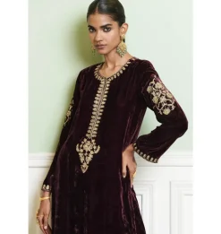 Wine Embroidered Velvet Kurta Set
