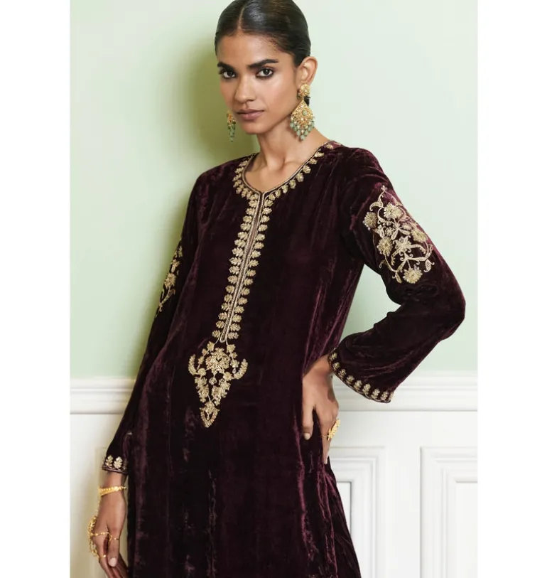 Wine Embroidered Velvet Kurta Set