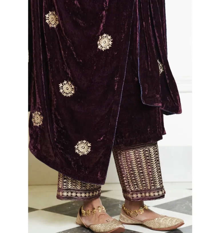 Wine Embroidered Velvet Kurta Set