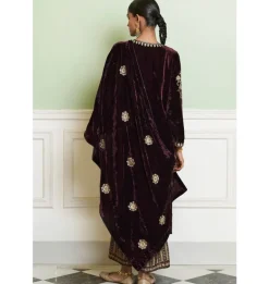 Wine Embroidered Velvet Kurta Set