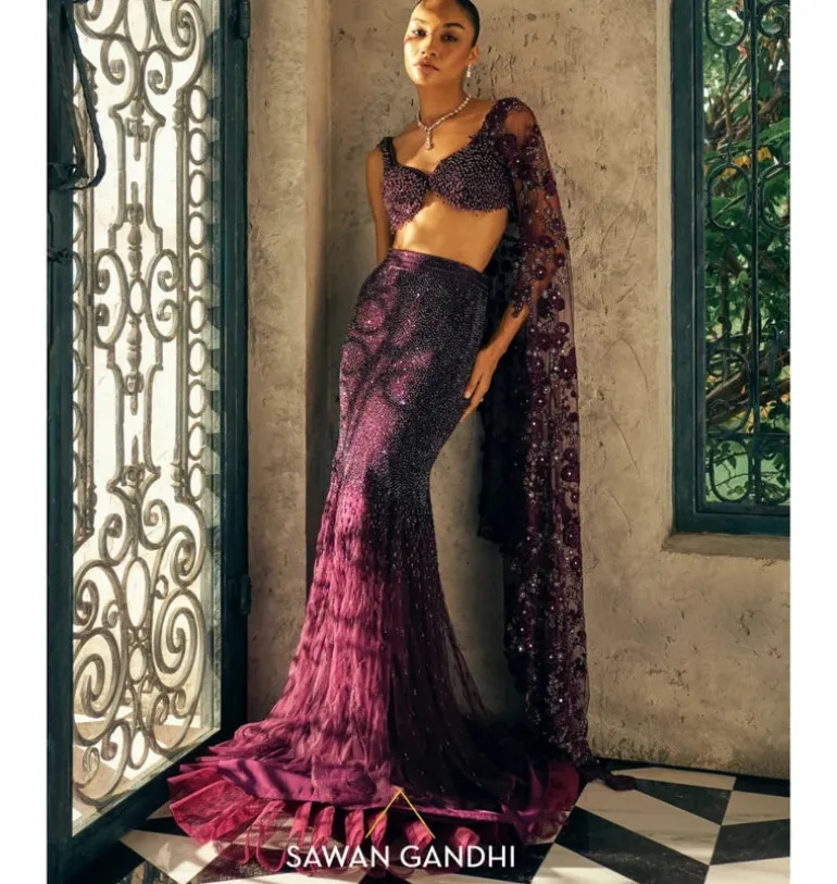 Wine Fishcut Swarosvki Lehenga Set