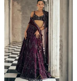 Wine Net Applique Lehenga Set