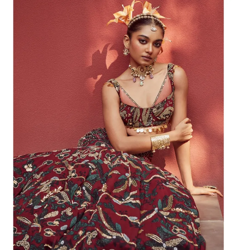 Wine Printed Ember Lehenga Set