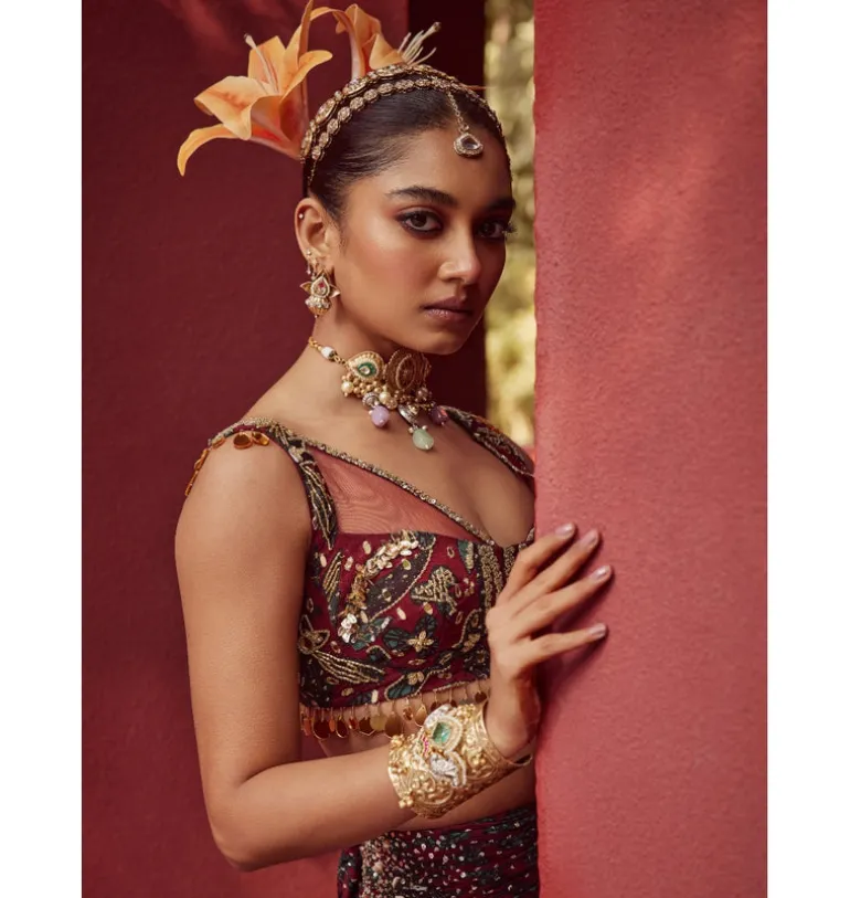 Wine Printed Ember Lehenga Set