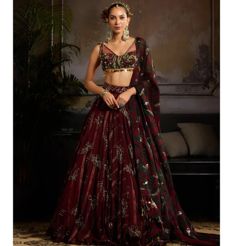 Wine Printed Ember Lehenga Set