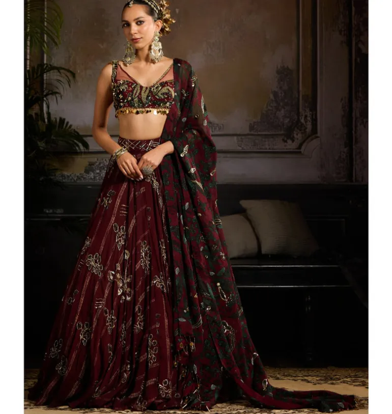 Wine Printed Ember Lehenga Set