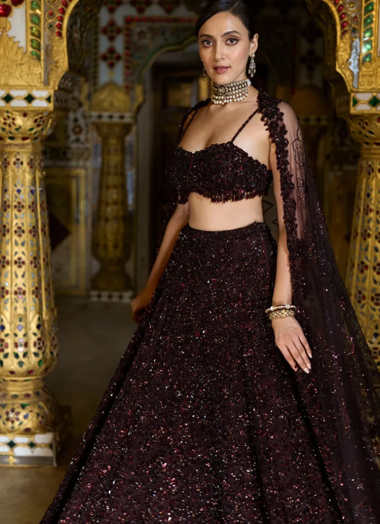 Wine Sequin Lehenga Set