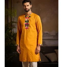 Yellow & Colorful Triangle Placket Embroidered Kurta Detailed With Zip Paired And Ivory Pants