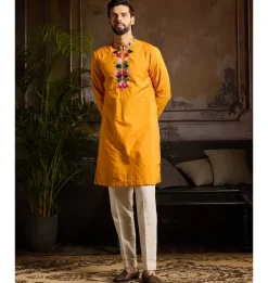 Yellow & Colorful Triangle Placket Embroidered Kurta Detailed With Zip Paired And Ivory Pants