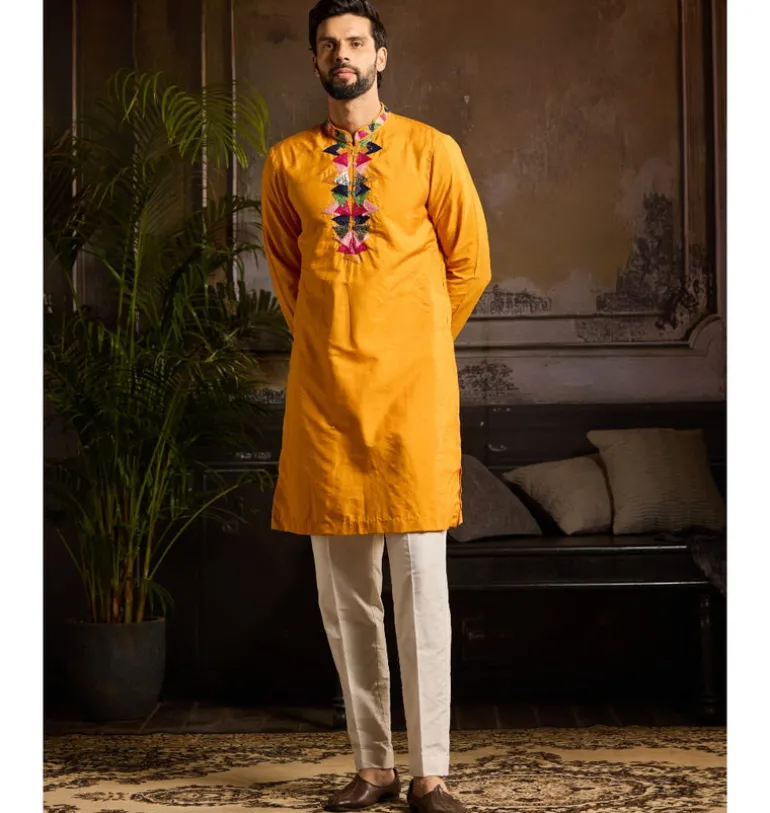 Yellow & Colorful Triangle Placket Embroidered Kurta Detailed With Zip Paired And Ivory Pants