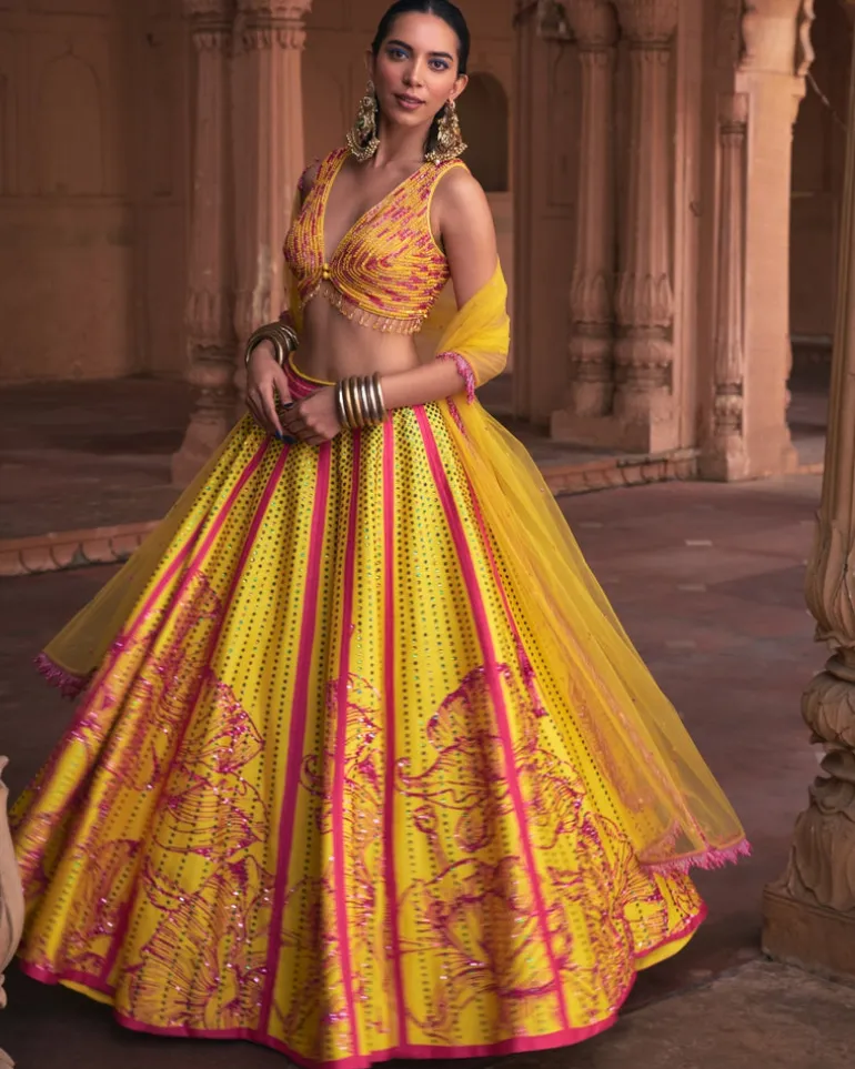 Yellow Big Floral Print and Embroidered Lehenga Set