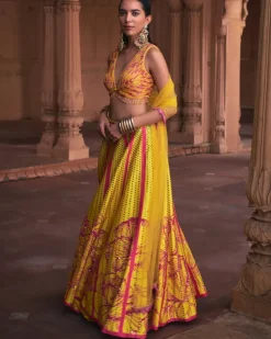 Yellow Big Floral Print and Embroidered Lehenga Set