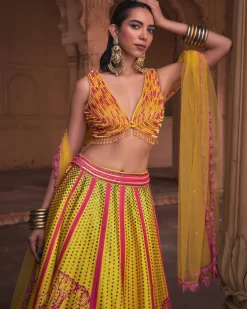Yellow Big Floral Print and Embroidered Lehenga Set
