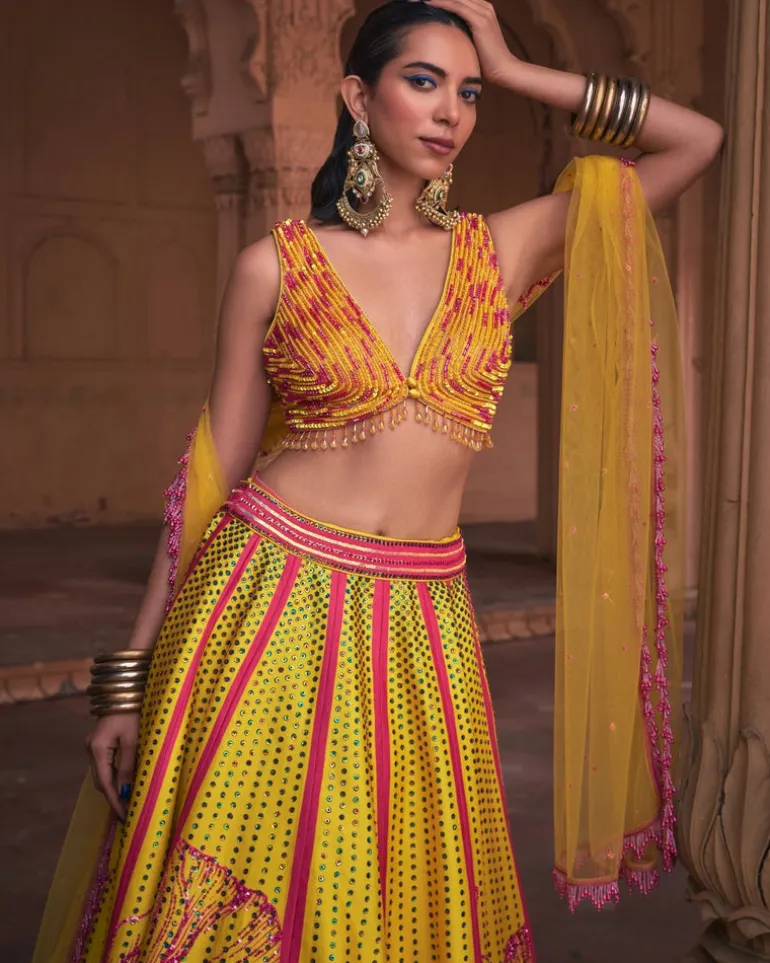 Yellow Big Floral Print and Embroidered Lehenga Set