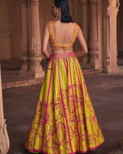 Yellow Big Floral Print and Embroidered Lehenga Set
