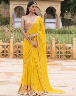 Yellow Colourful Embroidered Sari Set