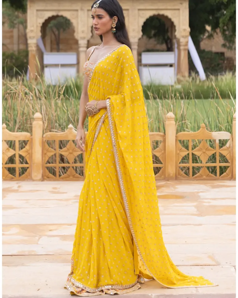 Yellow Colourful Embroidered Sari Set