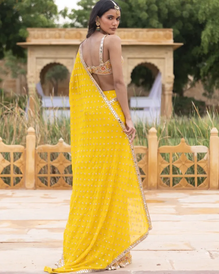 Yellow Colourful Embroidered Sari Set