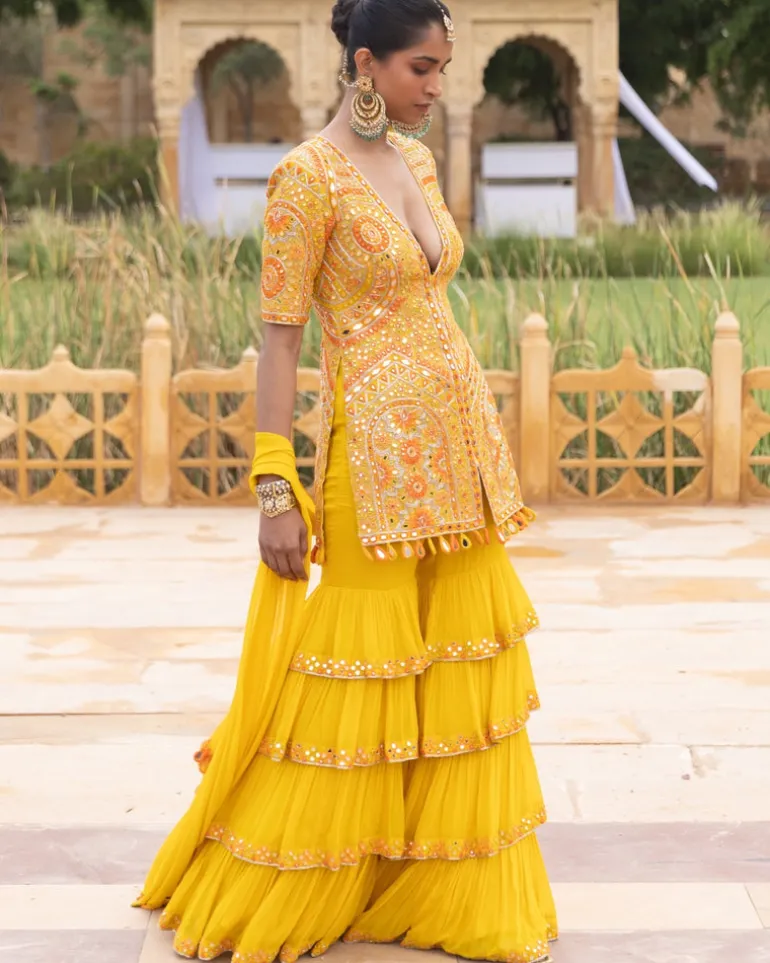 Yellow Colourful Embroidered Gharara Set